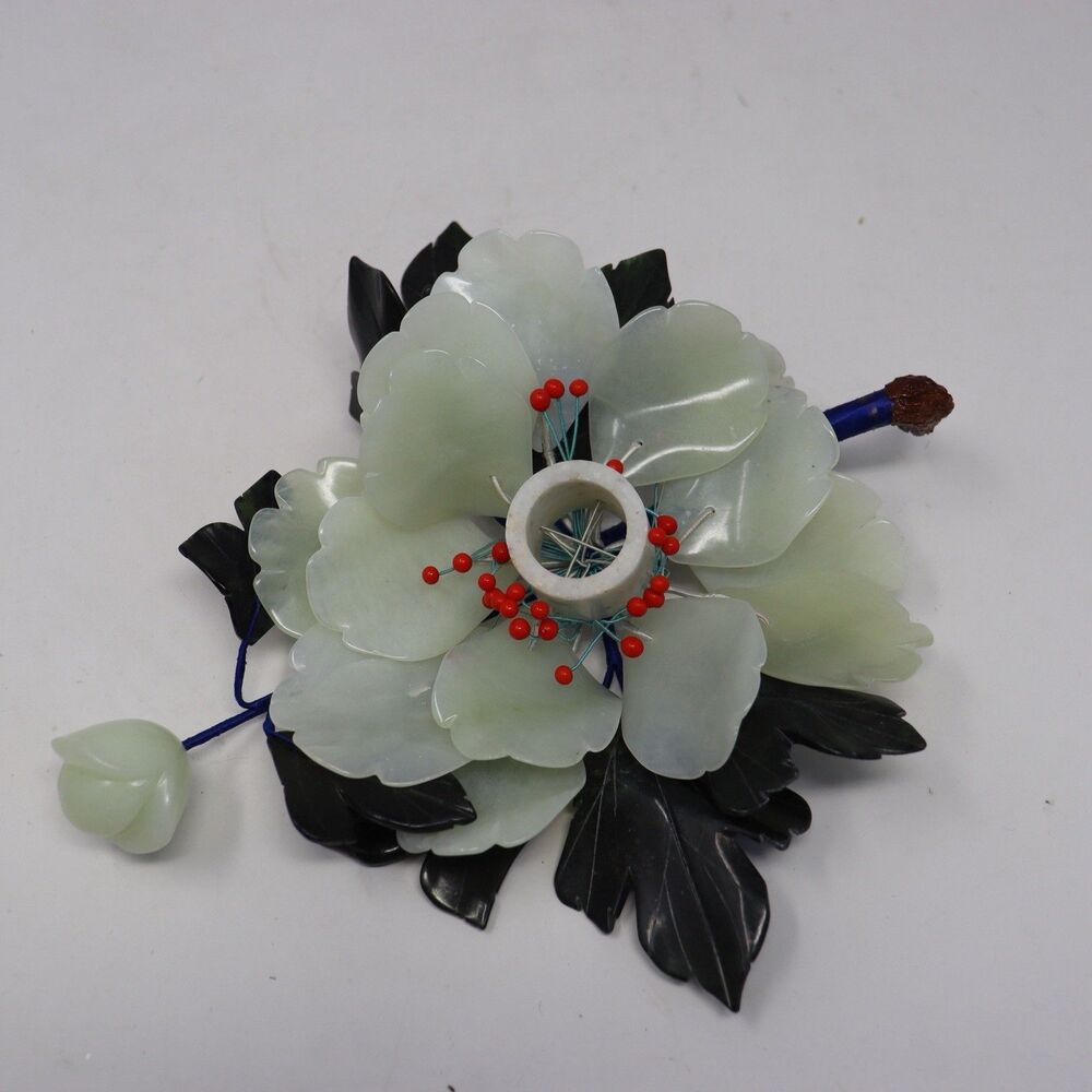 Antique Chinese Carved Jade Flower White Lotus Candle Holder Asian